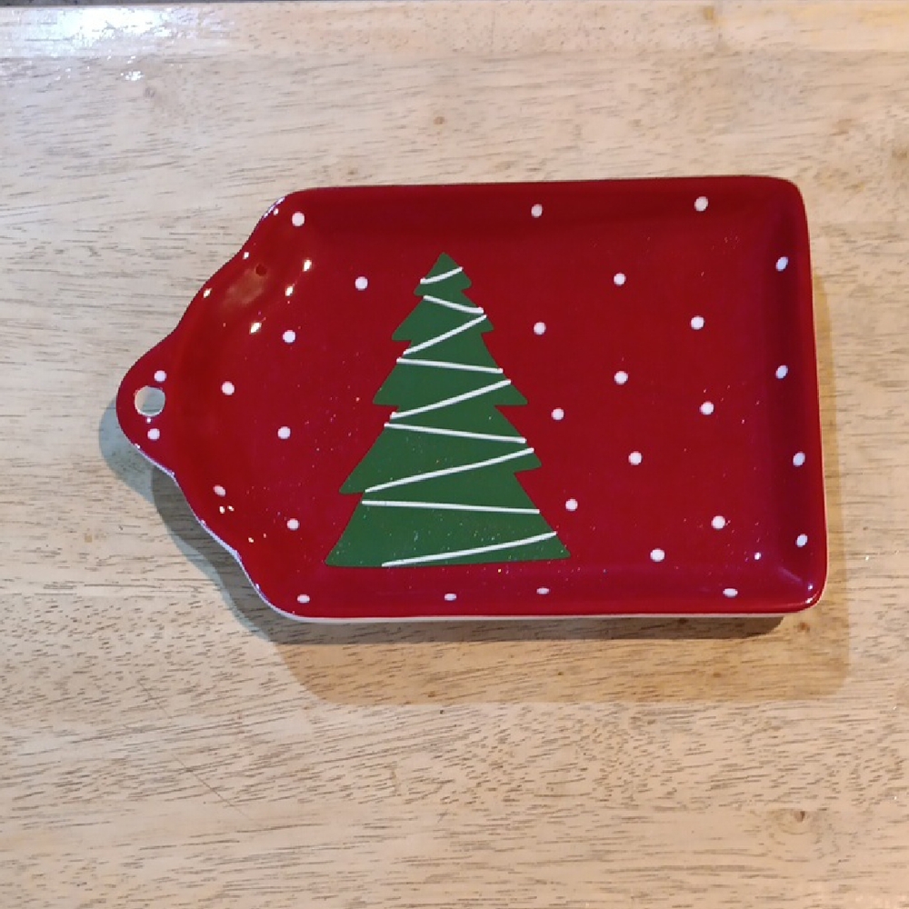 Holiday Ceramic, Red Tray with Green Christmas Tree Design